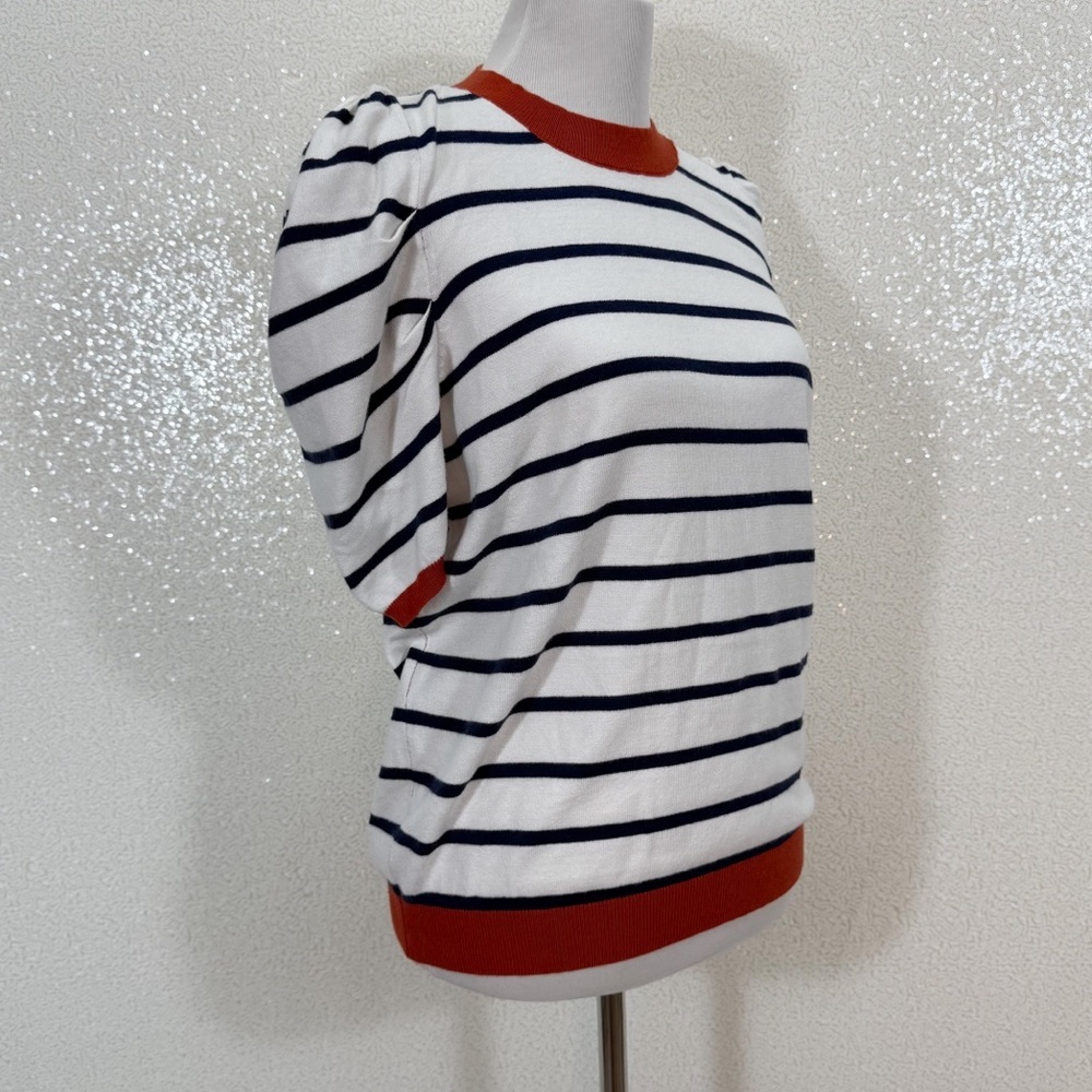 TARSE Striped Puff Sleeve Knit Top Size L Navy White Rusty Red Ribbed Trim - Picture 7 of 10